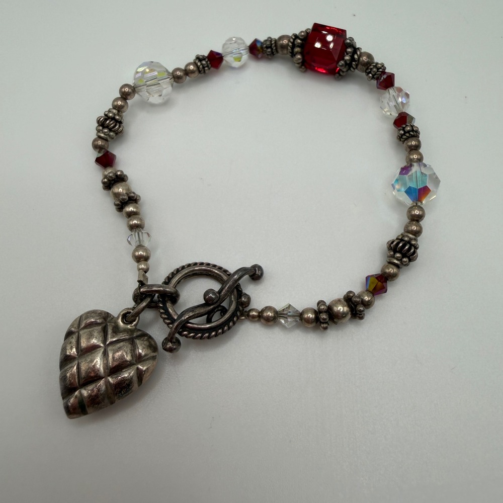 VTG Style Red Ruby AB Crystal Beaded‎ Toggle Bracelet Quilted Heart Charm Sweet